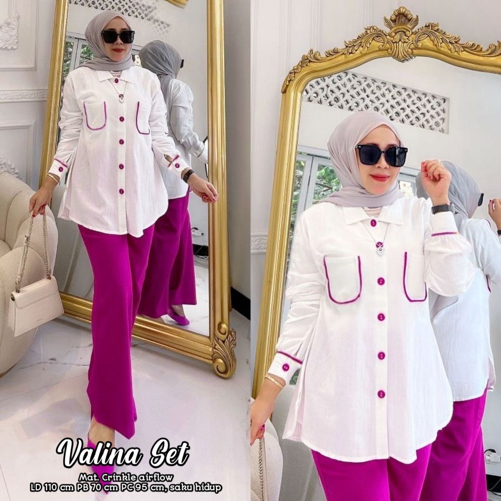 Valina Set - One Set Wanita Kemeja Rayon Premium Setelan Baju Lengan 7/8 Set Celana Panjang Kekinian LD 110 cm