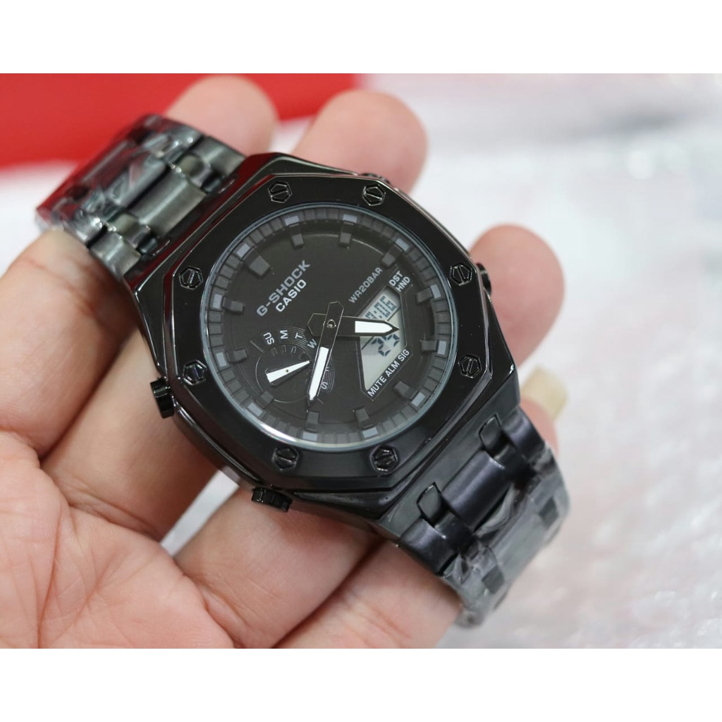 Jam Tangan Casio G Shock GA2100 Double Time Rantai Stainles Autolight - Black