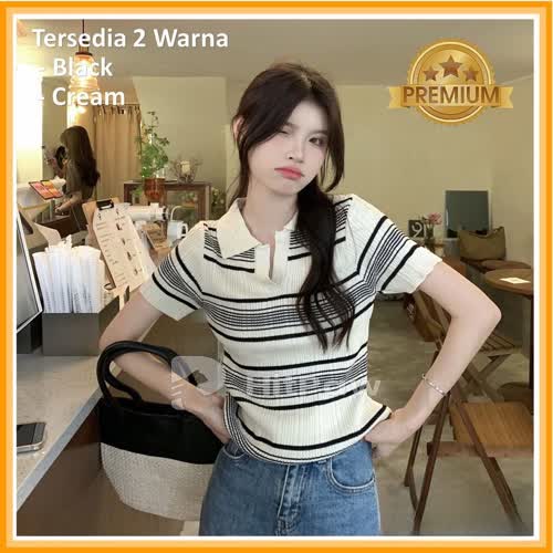 PREMIUM-Atasan Kerah polo Rajut  / Korean Kaos Kra Salur Vneck / T-Shirt Atasan Wanita