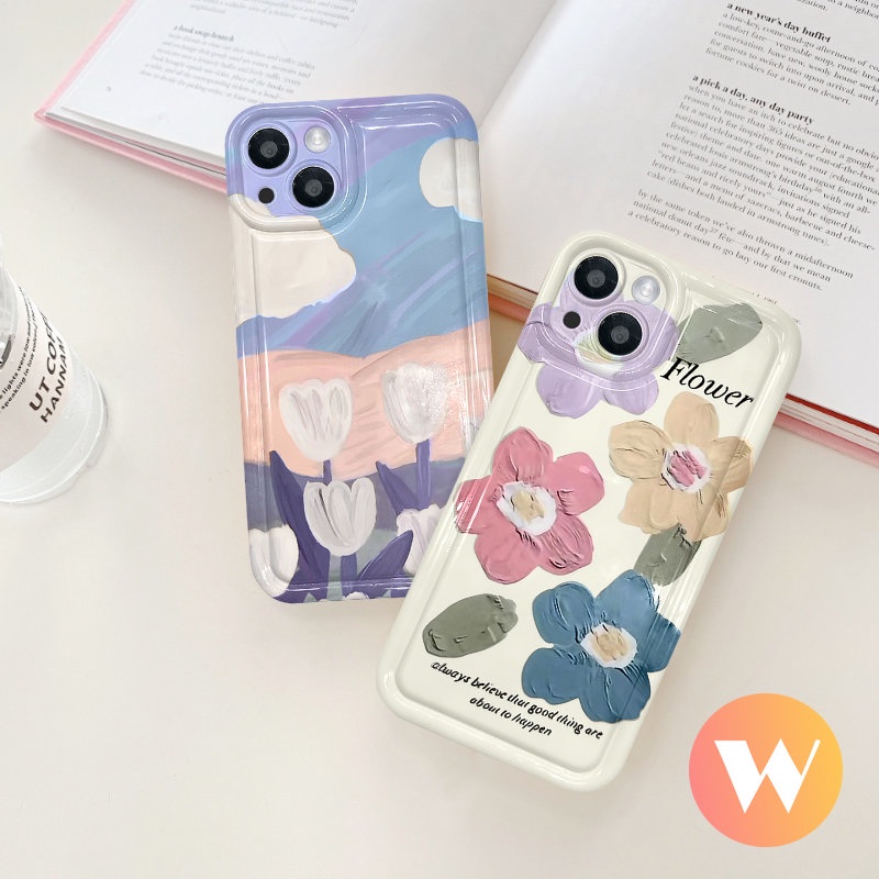 Case Untuk Samsung A13 A04s A23 A03 A50s A32 A52s A20 A52 M23 M13 A12 A04 A50 A02s A11 A03s A30 A30s A04E F23 Art Flower Tulips Lembut Tpu Shockproof Airbag Spring Oil Painting Cover