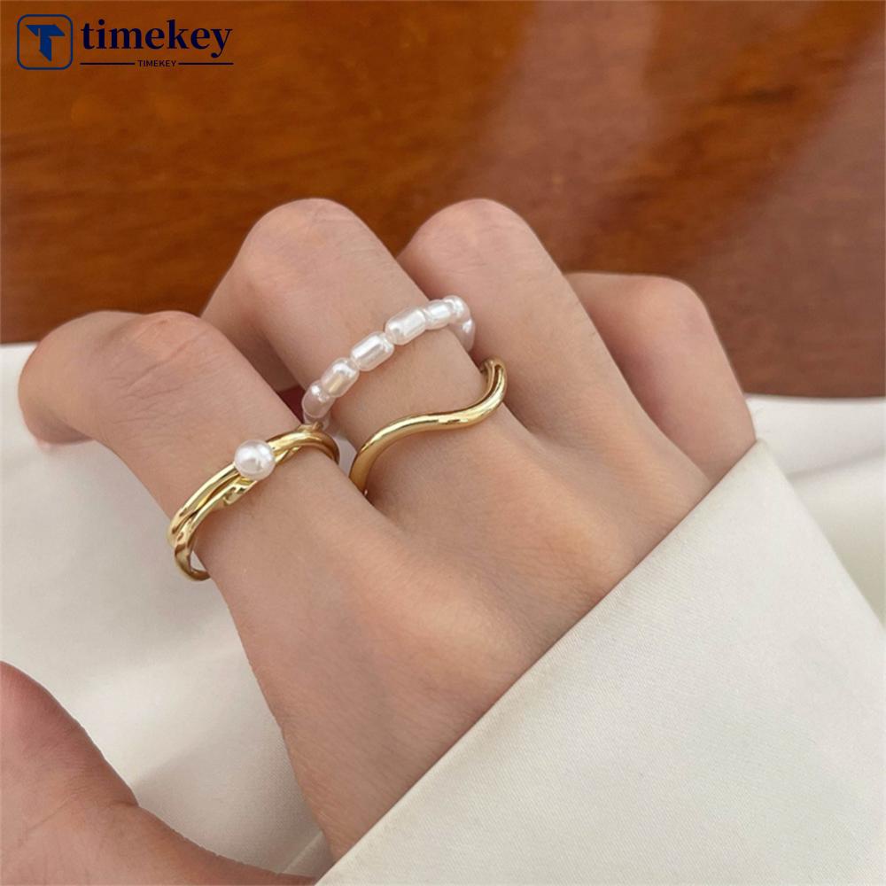 Timekey Fashion Simple Double-layer Pearl Opening Ring Niche Adjustable Alloy Cincin Perhiasan Aksesori Untuk Wanita P1W2