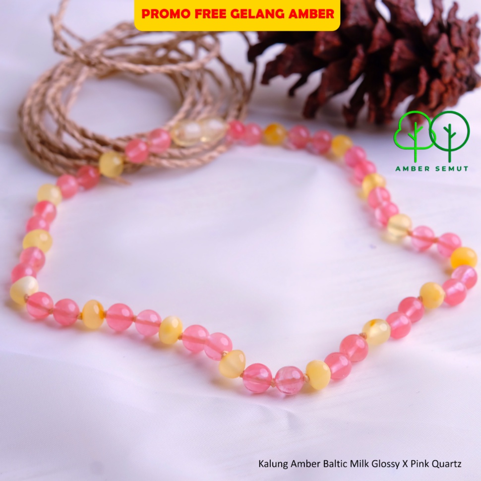 Kalung Amber Baltic Milk Glossy X Pink Stone by Amber Semut