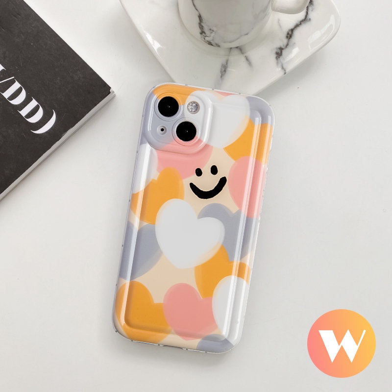 IPHONE Warna-warni Cinta Hati Shockproof Airbag Kartun Case Kompatibel Untuk Iphone11 12 14 13 Pro MAX XR X 6 6S 7 8 Plus XS MAX SE 2020 Pelindung Kamera Smiley Lucu Lembut TPU Back Cover