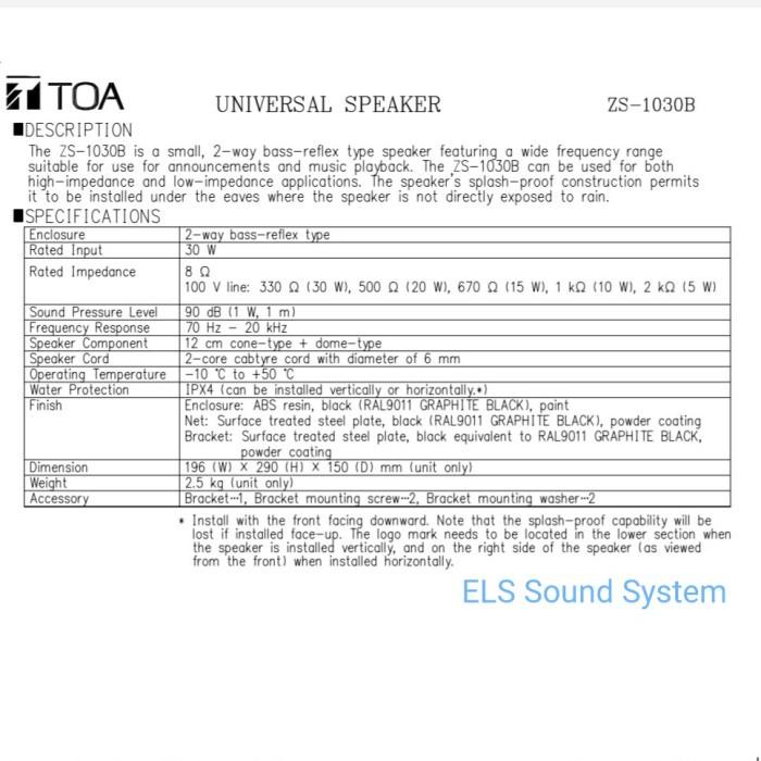 Speaker TOA ZS-1030B ZS-1030 B ZS1030B ZS1030 B 1030B Black