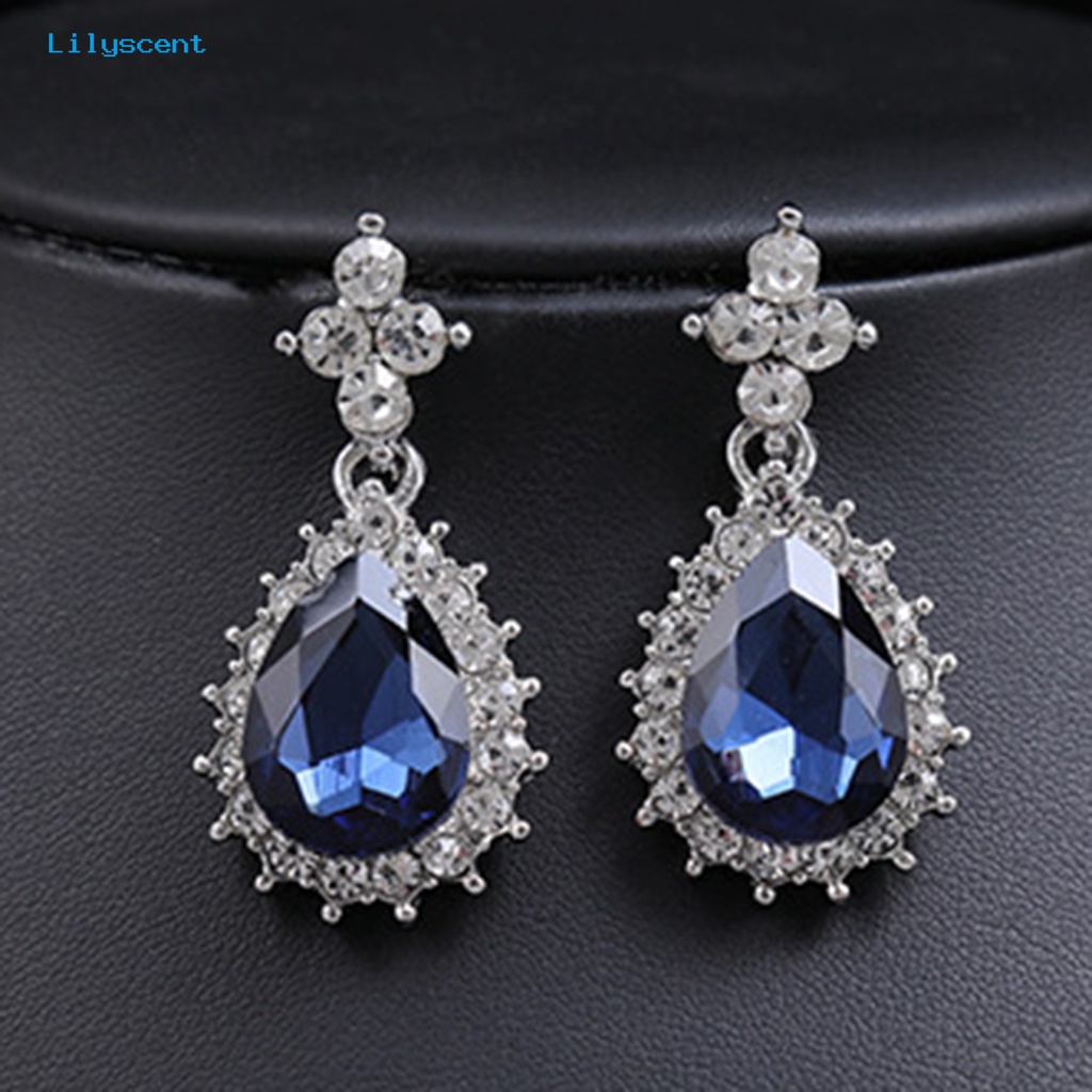 [LS] 2pcs/set Kalung Anting Set Kristal Imitasi Geometris Pernikahan Perhiasan Pengantin Temperamen Indah Berlian Imitasi Drop Earrings Kalung Hadiah Anniversary