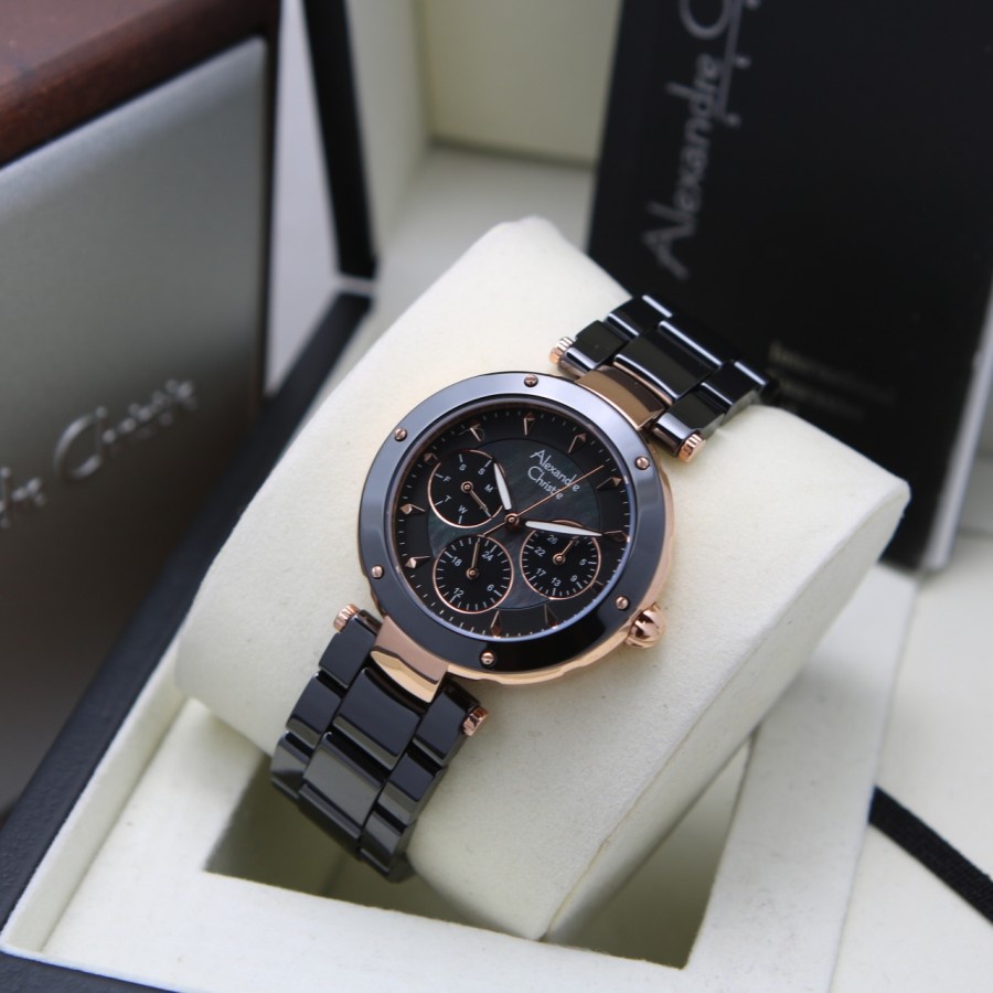 JAM TANGAN WANITA ALEXANDRE CHRISTIE AC 2807 ROSEGOLD BLACK CERAMIC ORIGINAL GARANSI RESMI 1 TAHUN