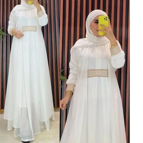Trendy  Gamis Renda Ceruty Babydoll 2022 Salsa Dress Aksen Layer Gamis Putih Mewah / Gamis Ceruty Ju