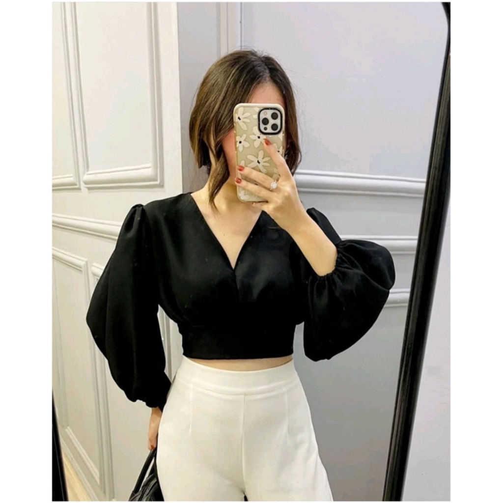 Blouse wanita tangan panjang korean style variasi leher V 915