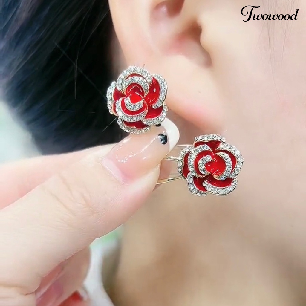 Twowood 1pasang Drop Earrings French Romantic Gentle Vintage Manis Elegan Dress Up Alloy Bunga Mawar Telinga Klip Aksesoris Fashion