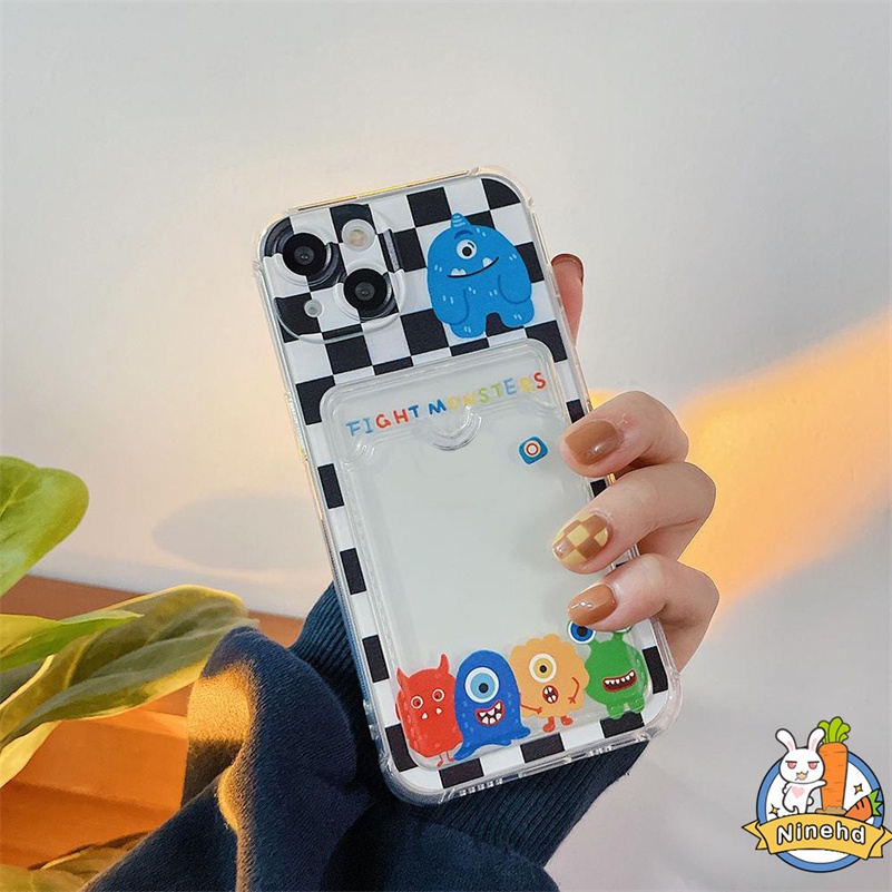 Case Tas Kartu Bening Kompatibel Untuk Iphone14 13 12 11 Pro Max X Xr Xs Max SE iPhone 8 7 6 6s Plus Monster Kecil Anti Jatuh Card Holder Tas Kartu Phone Case Bening Cover Pelindung