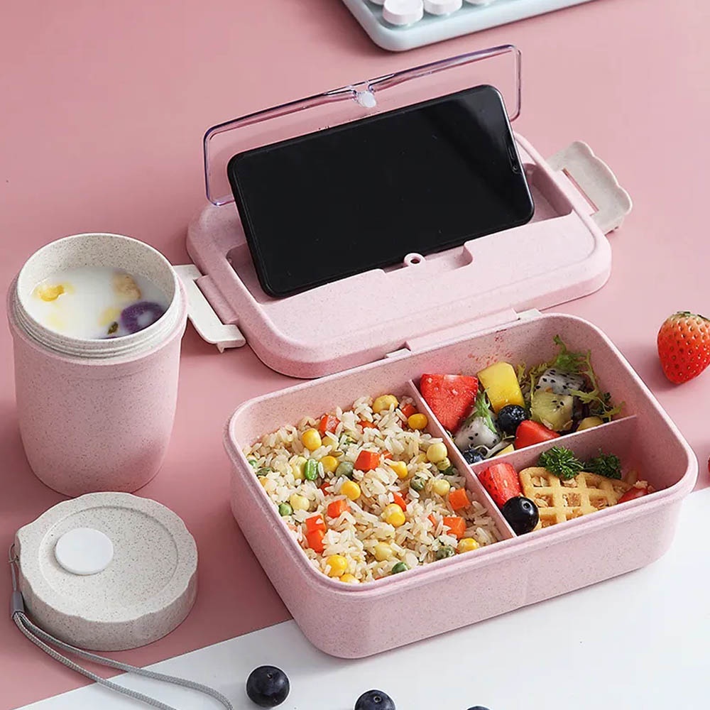 Kotak Makan Bekal Lengkap Lunch Box Kotak TM232 - Tempat Makan Set Kotak Makan Bekal Lengkap Dengan Alat Makan Sendok Sumpit Model Minimalis Tiga Sekat RANDOM