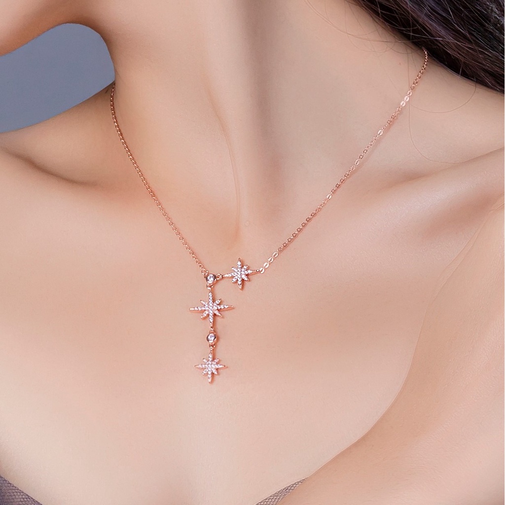 Kalung Rumbai Bentuk Bintang | Kalung Rantai Klavikula Berlian Imitasi Zirkon | Aksesoris Bahan Titanium Steel 18k Warna Rose Gold | Perhiasan Bahan Stainless Steel Tahan Air Tidak Pudar Untuk Hadiah Ulang Tahun