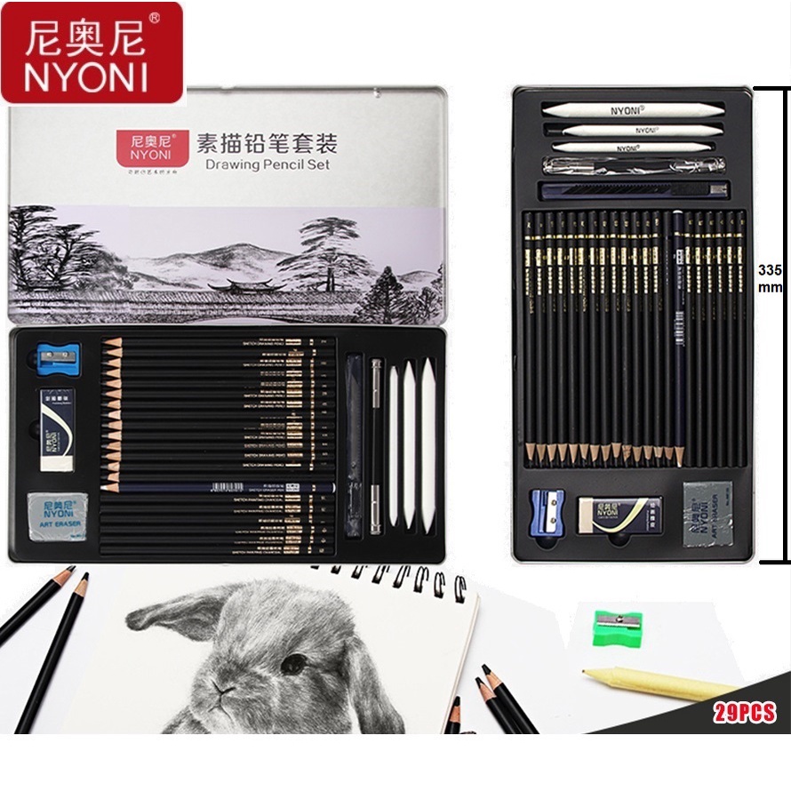 Nyoni Drawing Pencil Gambar Set 29pcs Metal Tin Box Pensil Gambar Lukis Sketsa Lengkap Paket