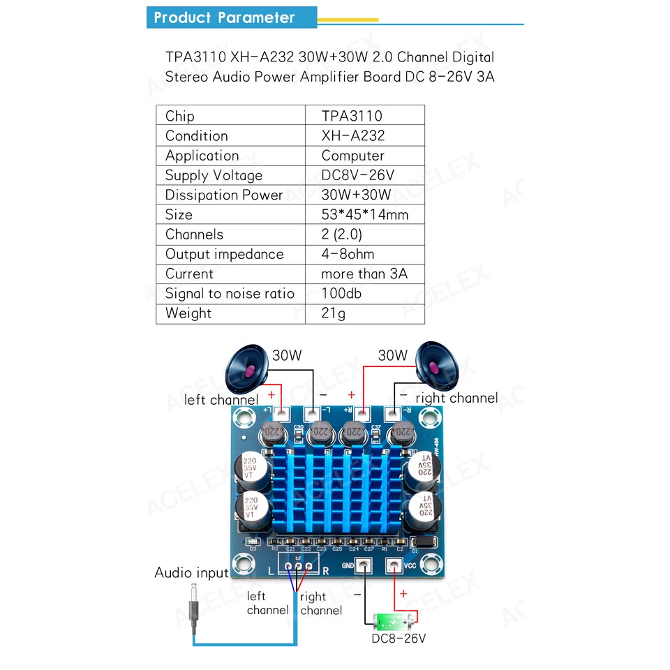 TPA3110 XH-A232 60W 2X30W 30W+30W 2.0 Channel Stereo Audio Power Amplifier Papan Penguat Daya Audio Stereo Digital