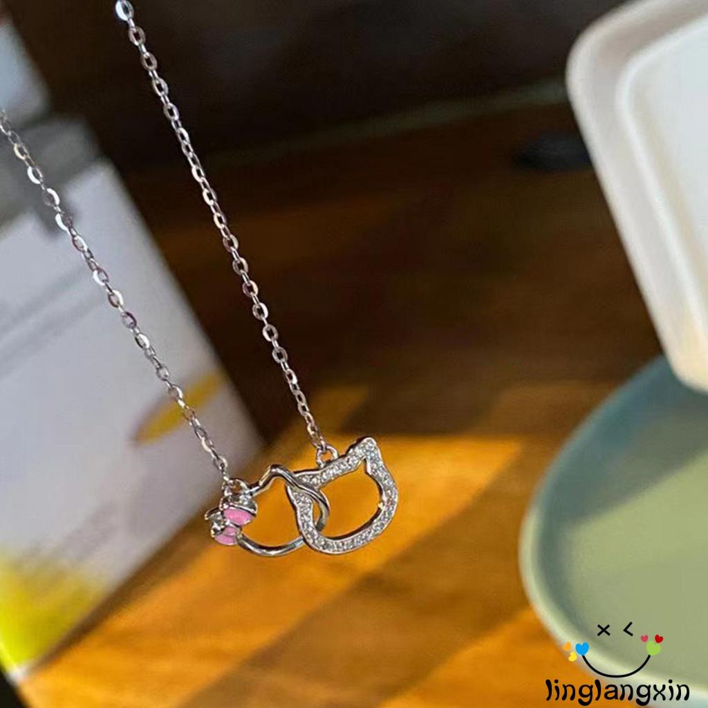 Llx-good Luck Lucu Interlocking Kitty Pendant Kalung Hadiah Keberuntungan Ulang Tahun Untuk Wanita Perempuan