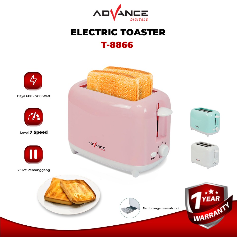 Advance Digitals READY STOCK DigitalsPemanggang Roti Listrik Toaster Sandwich Otomatis Pop-up T8866 | PUTIH DAN PINK