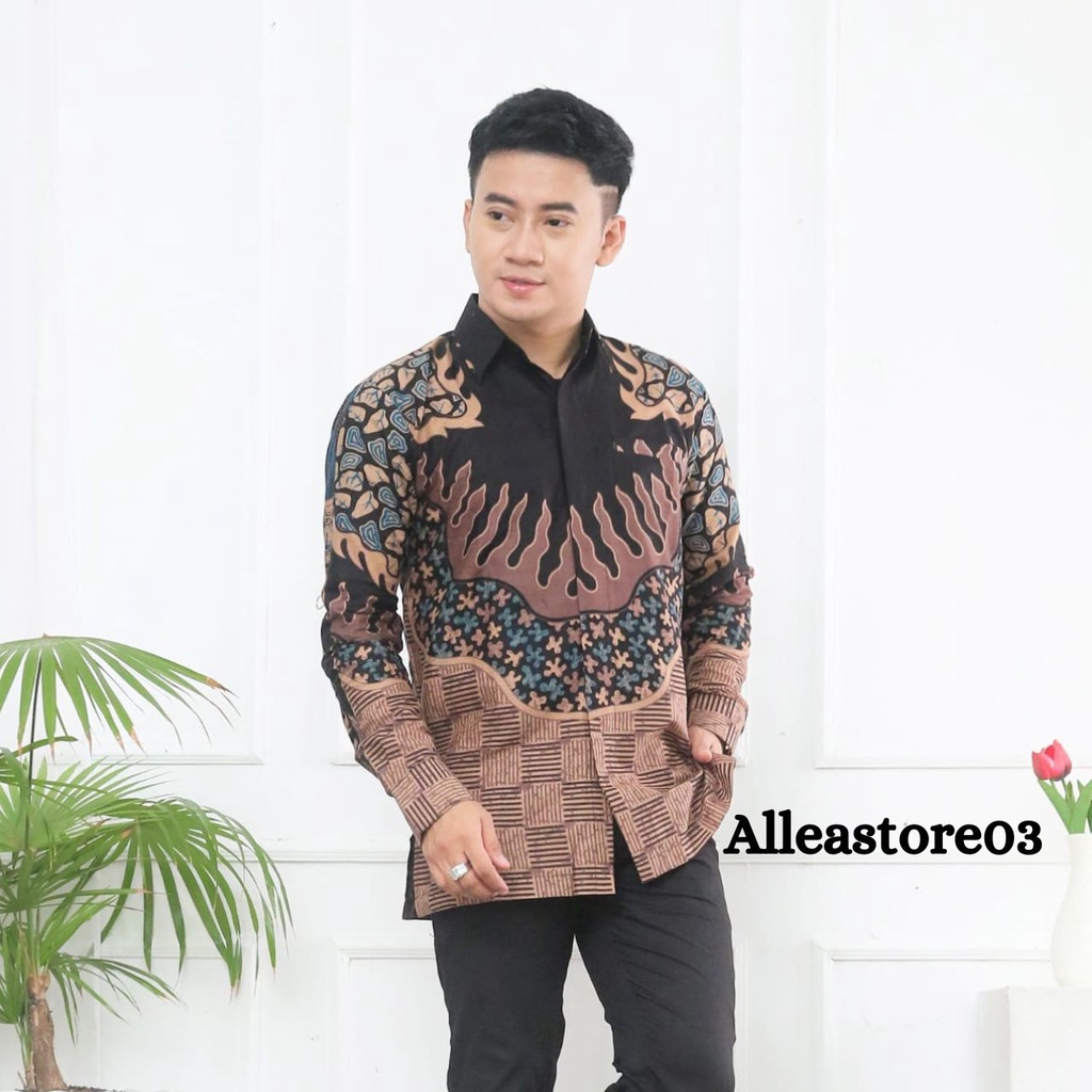 Kemeja Batik Pria Lengan Panjang Formal/Casual Motif Hitam Coklat Modern Premium Kemeja Terbaru Terlaris