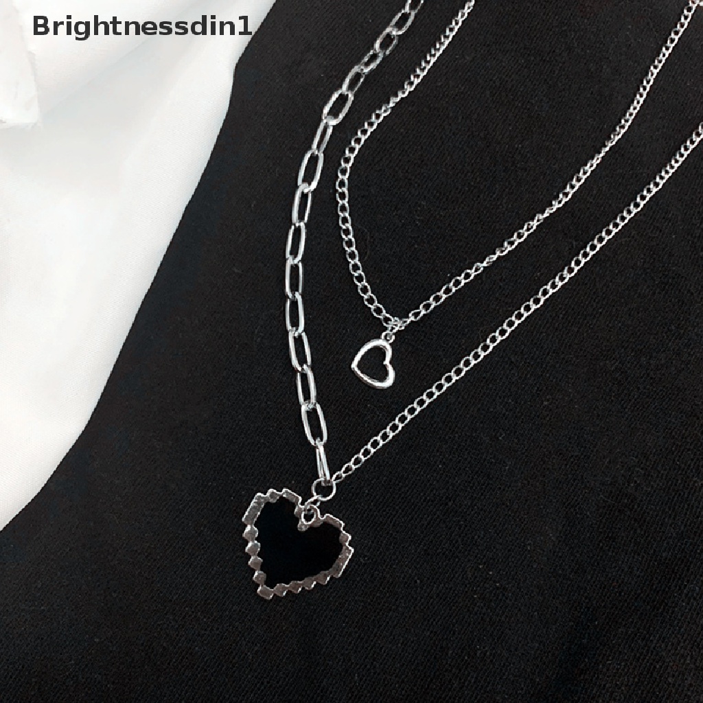 [Brightnessdin1] Mosaik Hitam Cinta pixel peach Jantung Liontin double layered Ribbon Gothic Hip Hop Rantai Perhiasan Panjang Kalung Pria Dan Wanita Kalung Butik