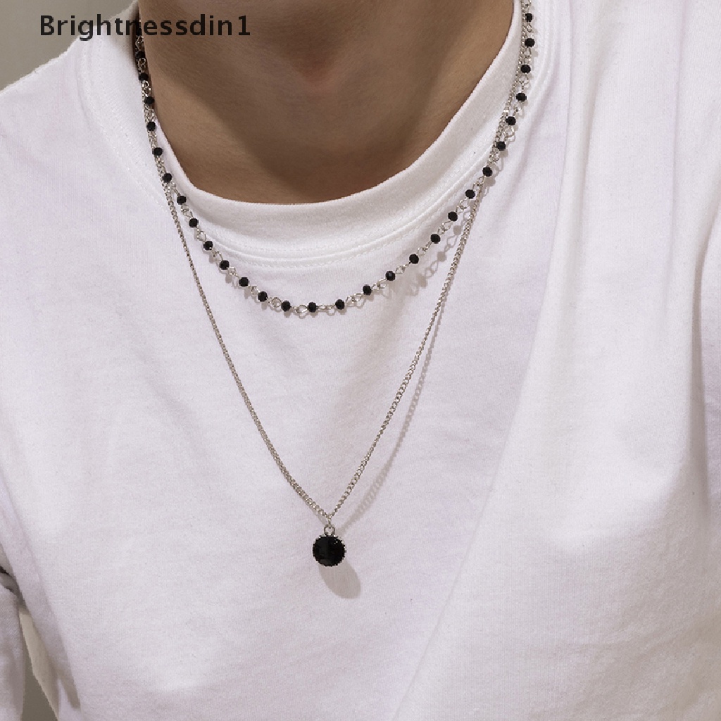[Brightnessdin1] Kalung Mutiara Dua Lapis Sederhana Pria Liontin Berlian Imitasi Hitam Untuk Aksesoris Perhiasan Rantai Pria Butik