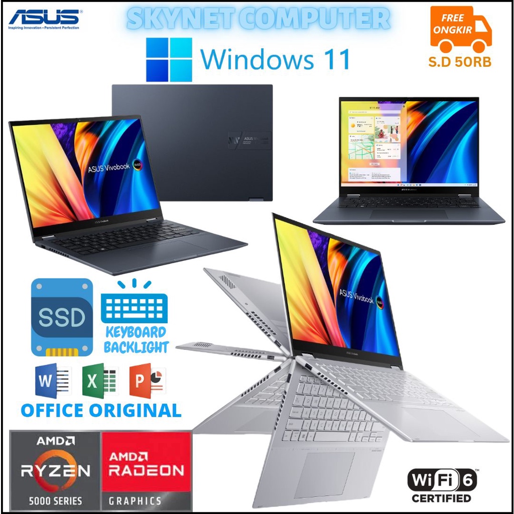 ASUS VIVOBOOK S14 FLIP TN3402QA AMD RYZEN 5 5600H RAM16GB SSD512GB IPS TOUCHSREEN WINDOWS 11 DAN OHS 2021 ORIGINAL