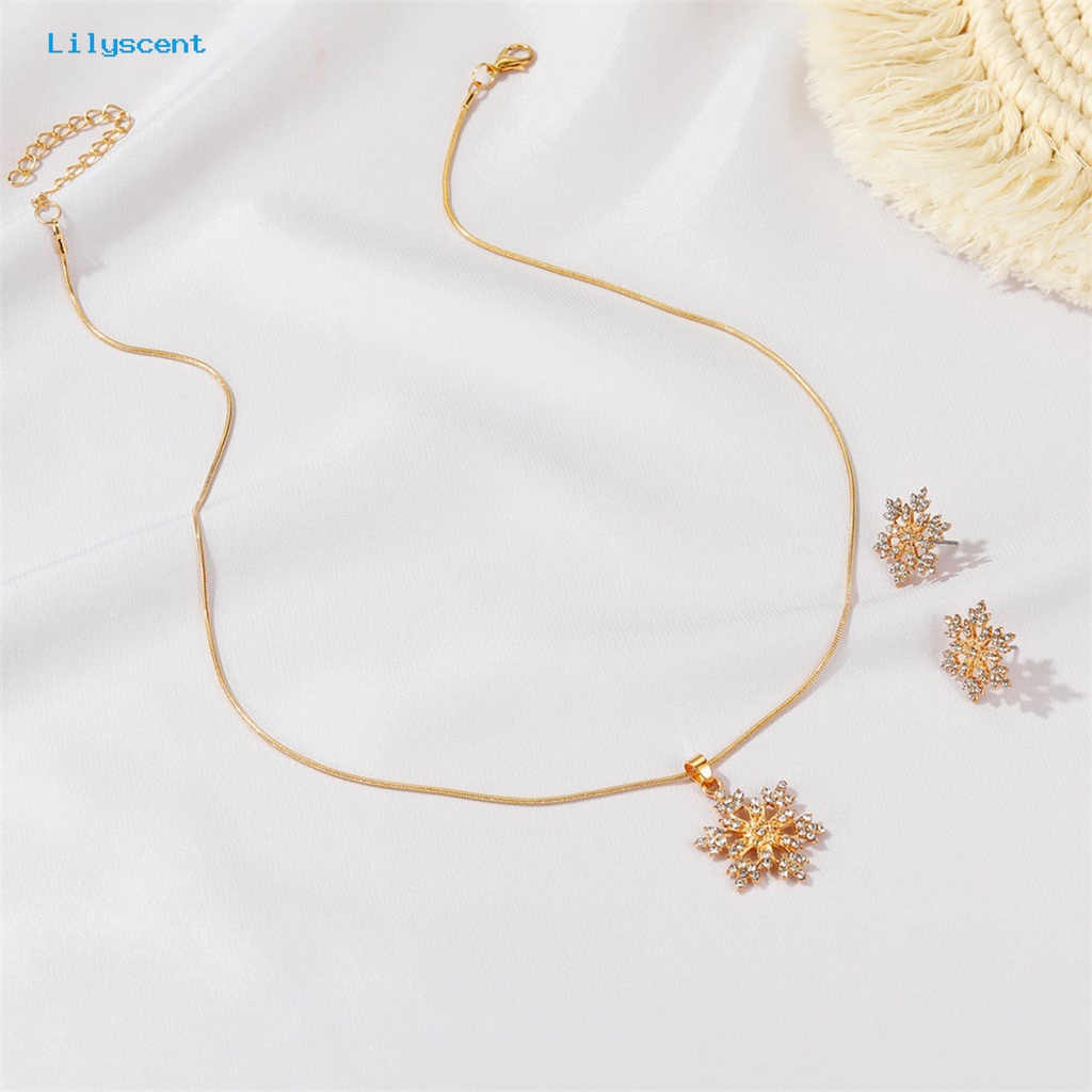 [LS] 1set Ear Studs Glitter Anti Alergi Elegan Temperamen Bentuk Snowflake Berlian Imitasi Anting Kalung Perhiasan Aksesori