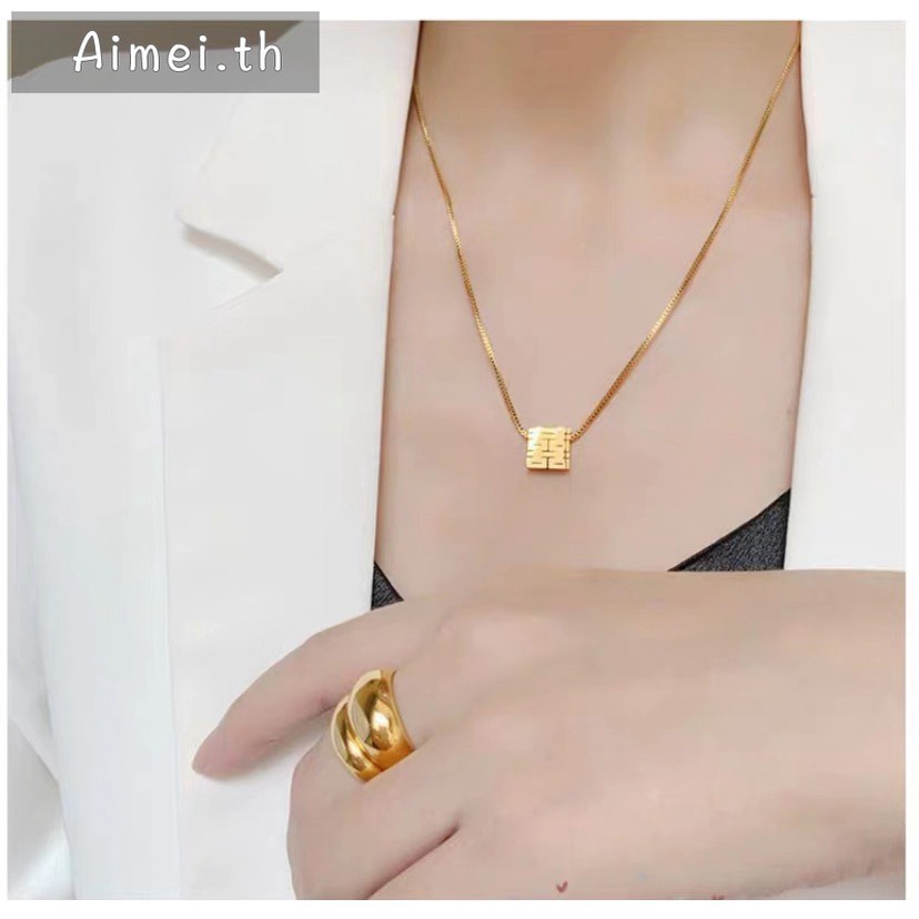 Kalung Rantai Klavikula Model Hollow | Kalung Liontin Kebahagiaan Ganda Warna Emas | Aksesoris Bahan Titanium Steel 18k Warna Rose Gold | Perhiasan Bahan Stainless Steel Untuk Hadiah