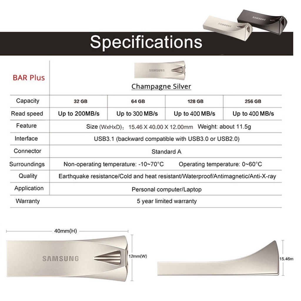 Samsung USB 3.1 USB Flash Drive 400MB/s Metal Pen Drive Flashdisk Samsung Flash Drive BAR Plus 16GB/32GB/64GB/128GB Metal Mini Pen Drive Pendrive Memory Stick Storage