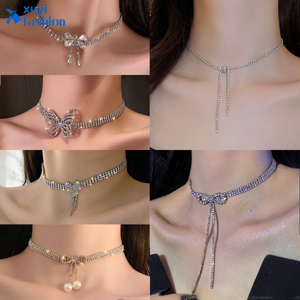 Kalung Zircon Mutiara Mewah Elegan Busur Butterfly Rumbai Opal Choker Untuk Perhiasan Aksesoris Wanita