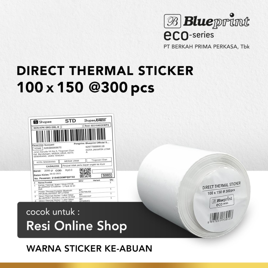 Direct Thermal Sticker Label Resi ECO BLUEPRINT 100x150 mm isi 300pcs