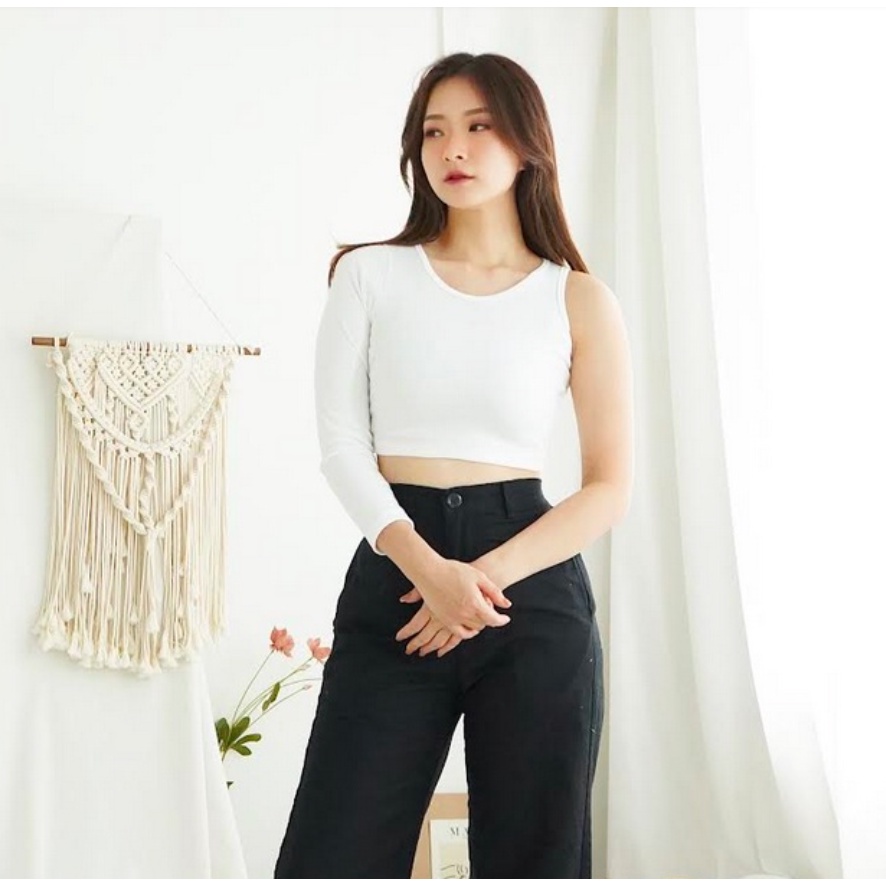 CAVALU Korean Knit Crop Top Longsleeve Lengan Panjang One Shoulder Top 154