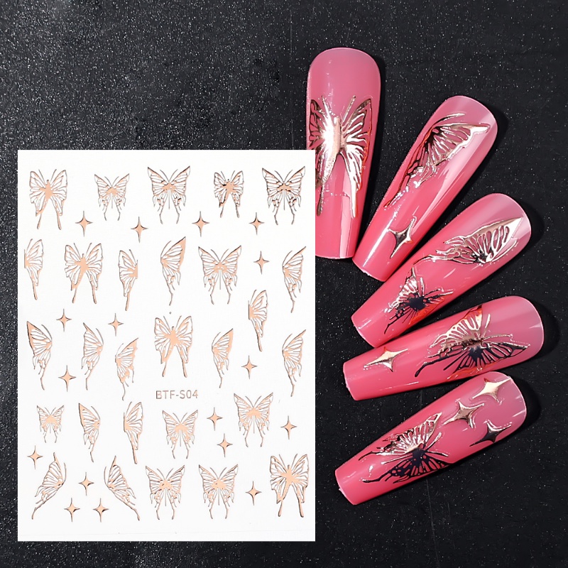 3d Berongga Kupu-Kupu Nail Art Stiker/Reflektif Laser Bintang Emas Perak Kuku Manicure Sticker