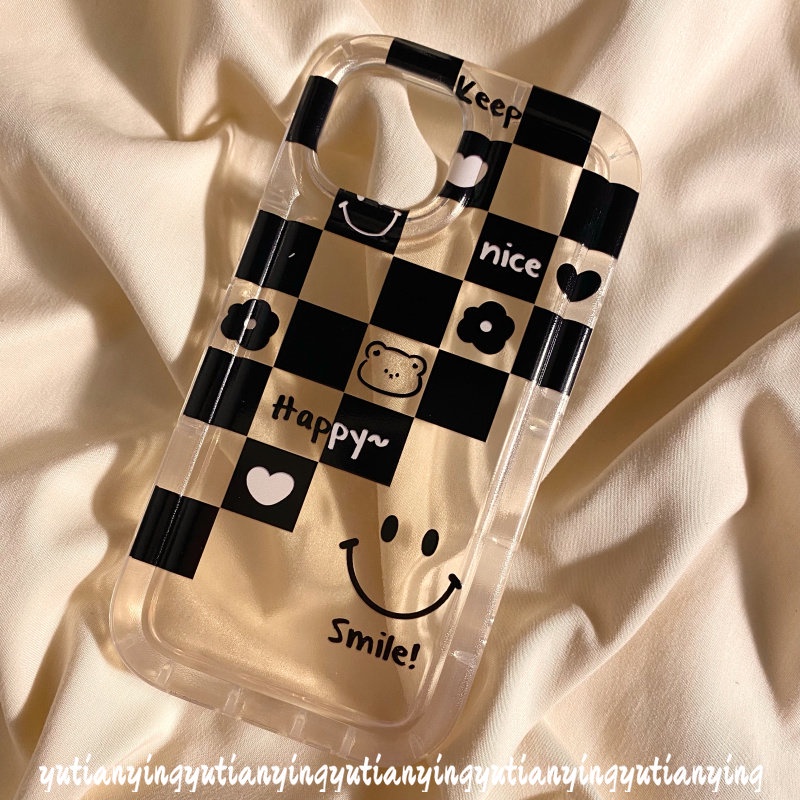 IPHONE Ins Kotak-Kotak Bear Smile Love Heart Case Kompatibel Untuk Iphone6 6S 7 8 Plus XR 11 14 13 12 Pro MAX X XS MAX Shockproof Airbag Lembut TPU Cover Bunga Pasangan Casing Ponsel