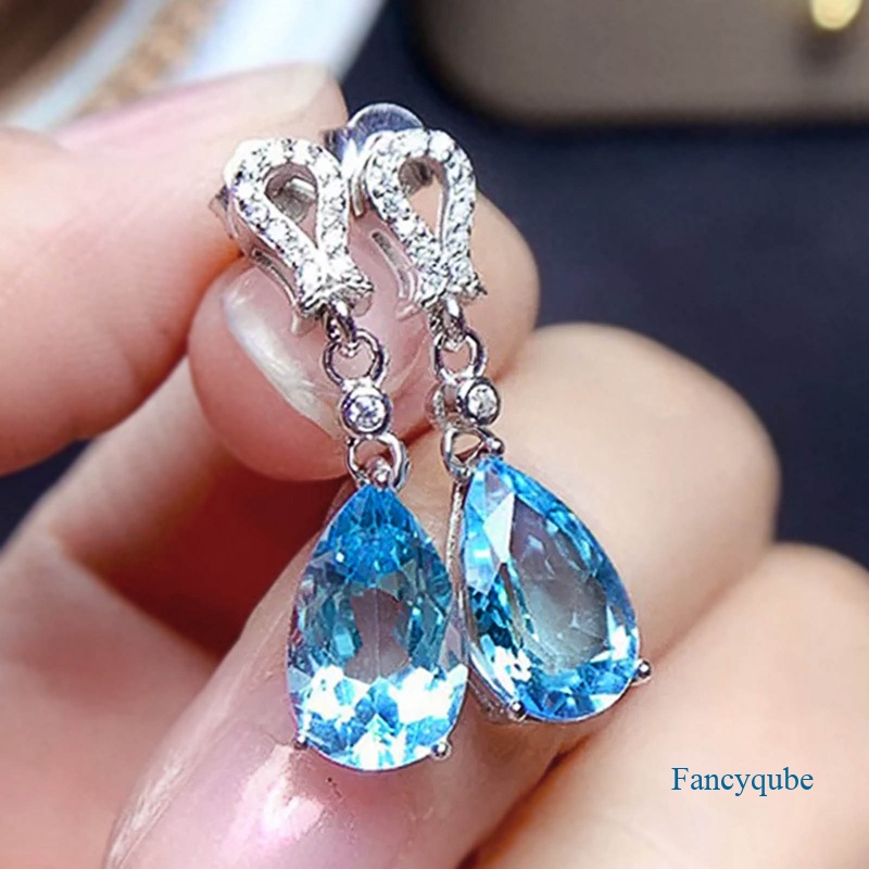 Temperamen Sky Blue Pear Cubic Zirconia Drop Earrings Metal Warna Perak Halus Anting Pertunangan Untuk Wanita Pesta Perhiasan Trendi