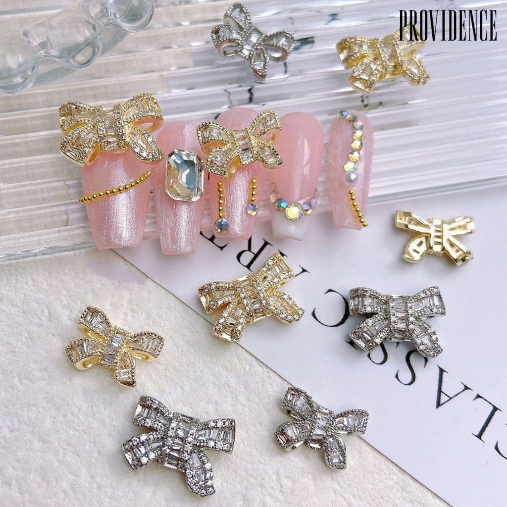 Providence Nail Art Bow Shiny Tiga Dimensi High Gloss DIY Cut-out Design Silver Golden Light Luxury Zirconia Bow Nail Charm Nail Salon Supply