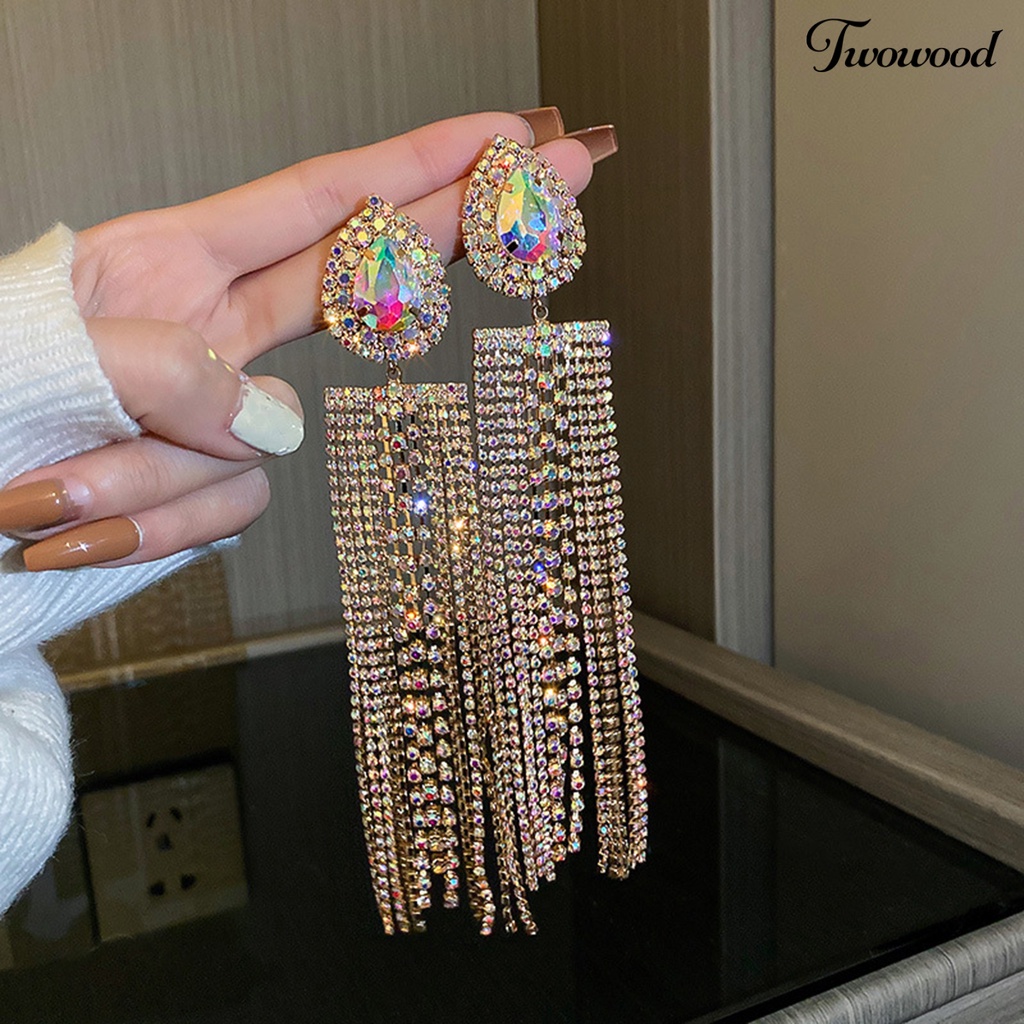 Twowood 1pasang Anting Rumbai Oversize Berlebihan Geometris Eropa Dan Amerika Temperamen Berdandan Ornamen Tetesan Air Panjang Rumbai Kristal Imitasi Anting Perhiasan Fashion