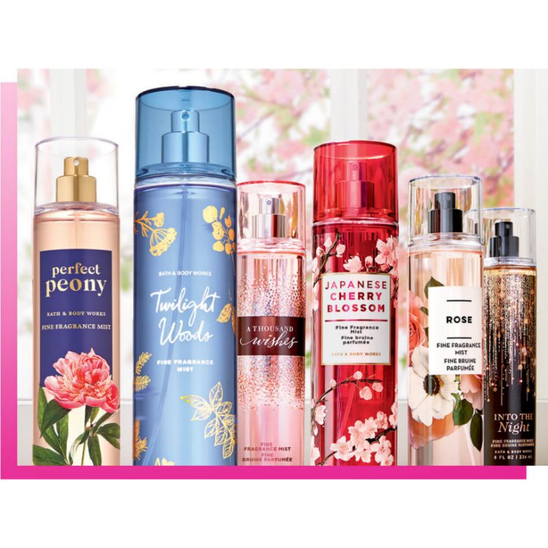 BBW FINE FRAGRANCE MIST 236 ML BATH &amp; BODY WORKS MIX PART 2/2 DARK KISS PINK CHIFFON BAHAMAS SWEET CRANBERRY ROSE GINGHAM HEART OF GOLD FRESH SPARKLING SNOW SUNSHINE MIMOSA WHITE TEA &amp; SAGE ONE IN A MILLION JAPANESE CHERRY BLOSSOM ROSE MOONLIGHT PATH