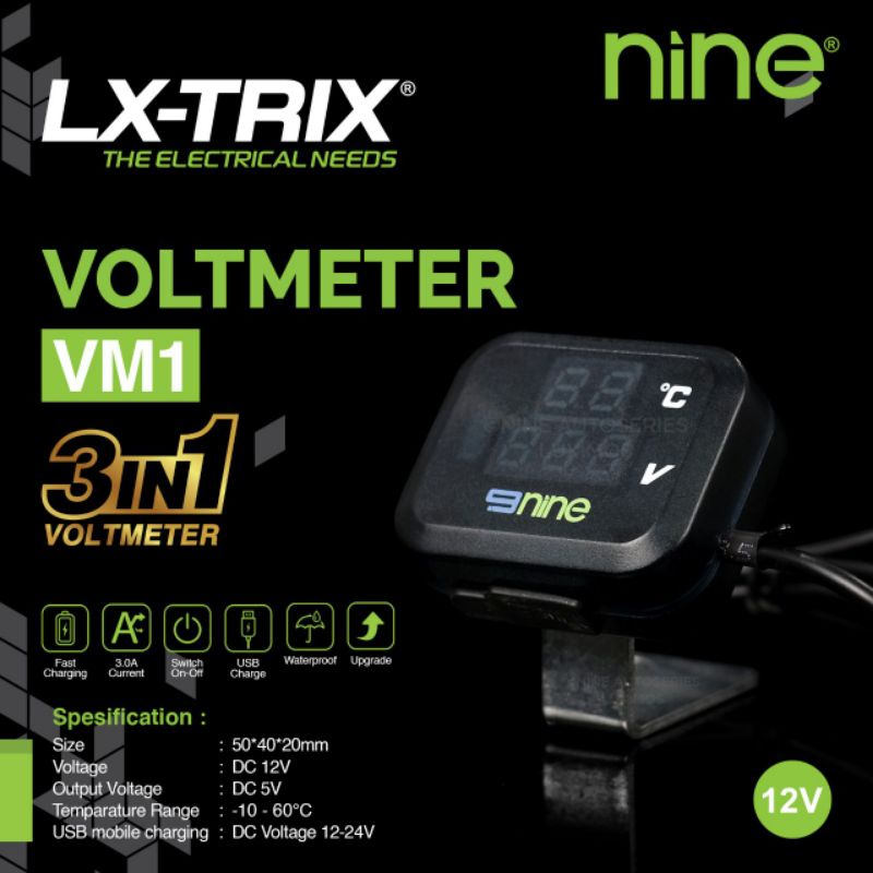 NINE VOLMETER VM1 SPION 3 IN 1 USB CHARGER VOLMETER, USB, SUHU UNINERSAL WATERPROOF MOTOR MOBIL