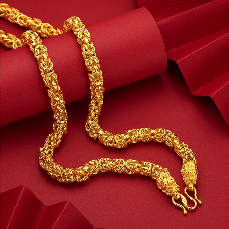 Goldkingdom Fashion Perhiasan Emas Asli Kadar 375Bangkok Aksesoris Ready Stock Halus Pria Glossy Keel Kalung Lapis Emas Kain Motif Naga Kepala Kalung