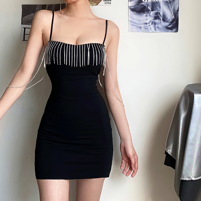 [Premium]MIni Dress V-neck Low-cut Beaded Tassel Strap Hip Package Dress 7397