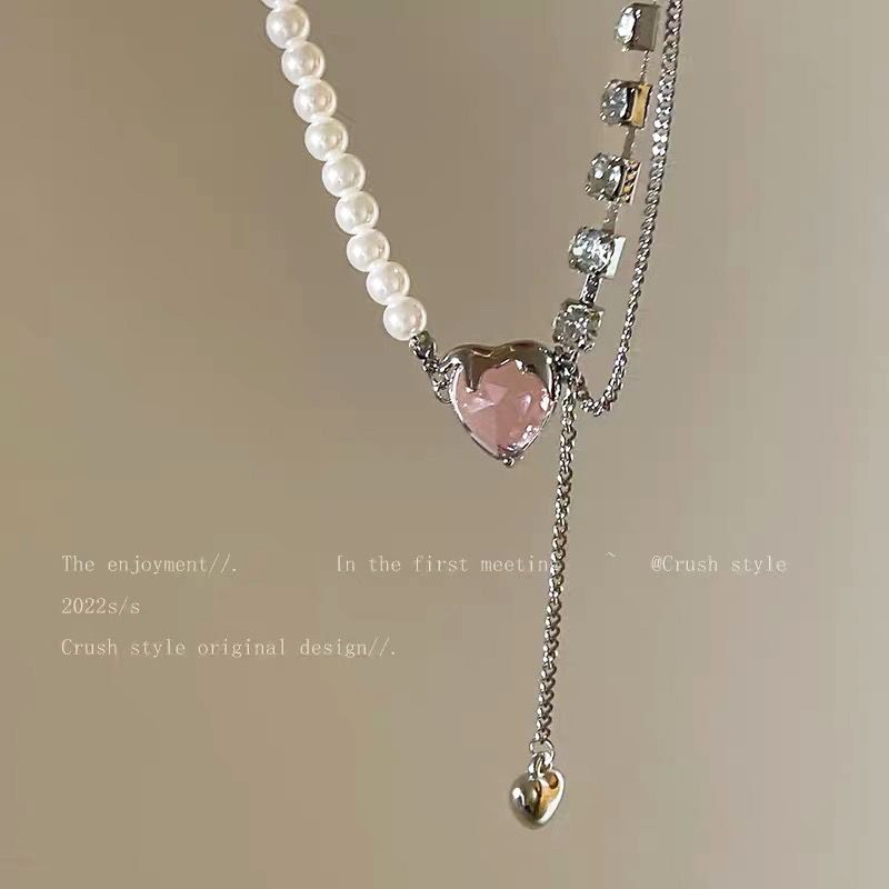 Sweet Pink Zircon Pendant Necklace Untuk Wanita Hati Perak Rantai Kalung Choker Y2K Aksesoris Perhiasan