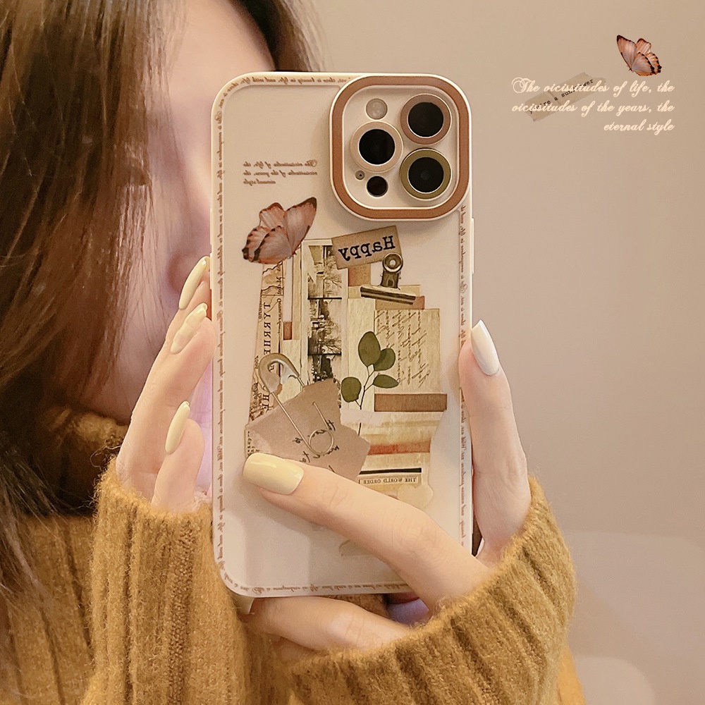 IPHONE [Mata Kucing] Soft Case TPU Anti Slip Untuk Iphone7Plus8 Plus X XS XR XS Max11 13 12 14 PRO Max 14 Plus Ins Fashion Grey Retro Sticker Wanita