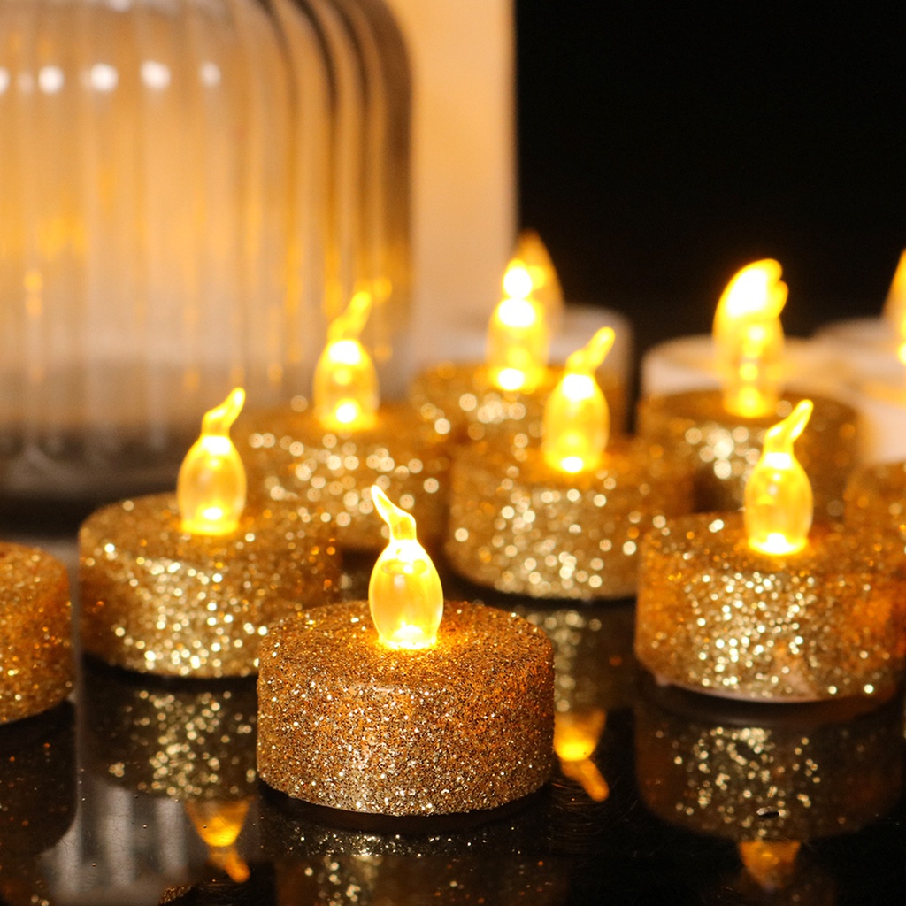 [Unggulan] 1 Pc Glitter Gold Silver LED Tealight Merah Berbentuk Hati Simulasi Lilin Cahaya Perlengkapan Pesta Hari Valentine Dekorasi Rumah