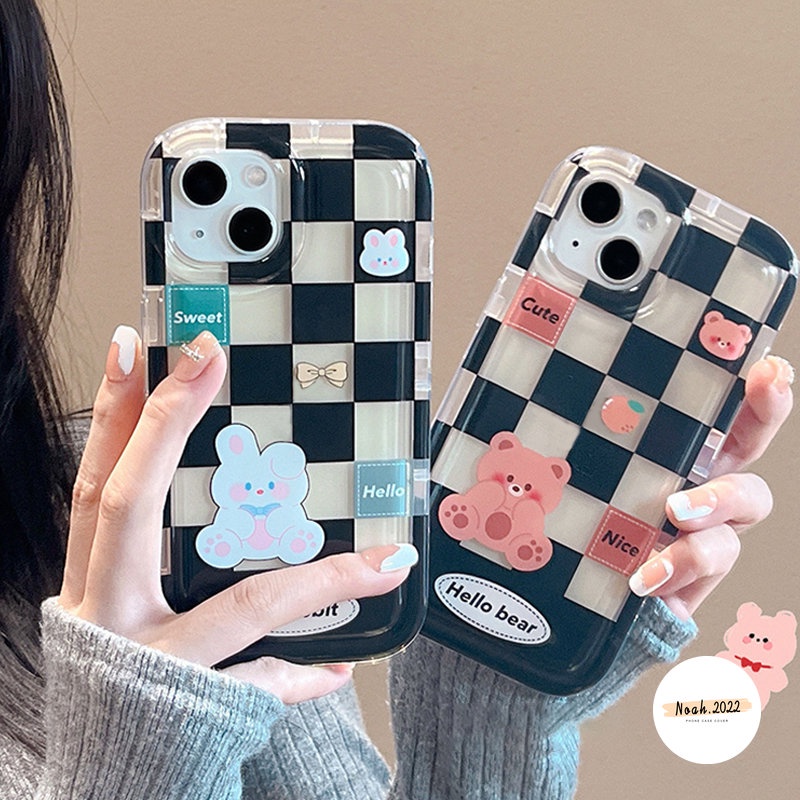 IPHONE Couple Soft Case Kompatibel Untuk Iphone14 13 12 11 Pro MAX 6 6S 7 8 Plus 7Plus 8Plus XR X XS MAX Beruang Lucu Kelinci Kotak-Kotak Kekasih Casing Shockproof Airbag TPU Phone Case