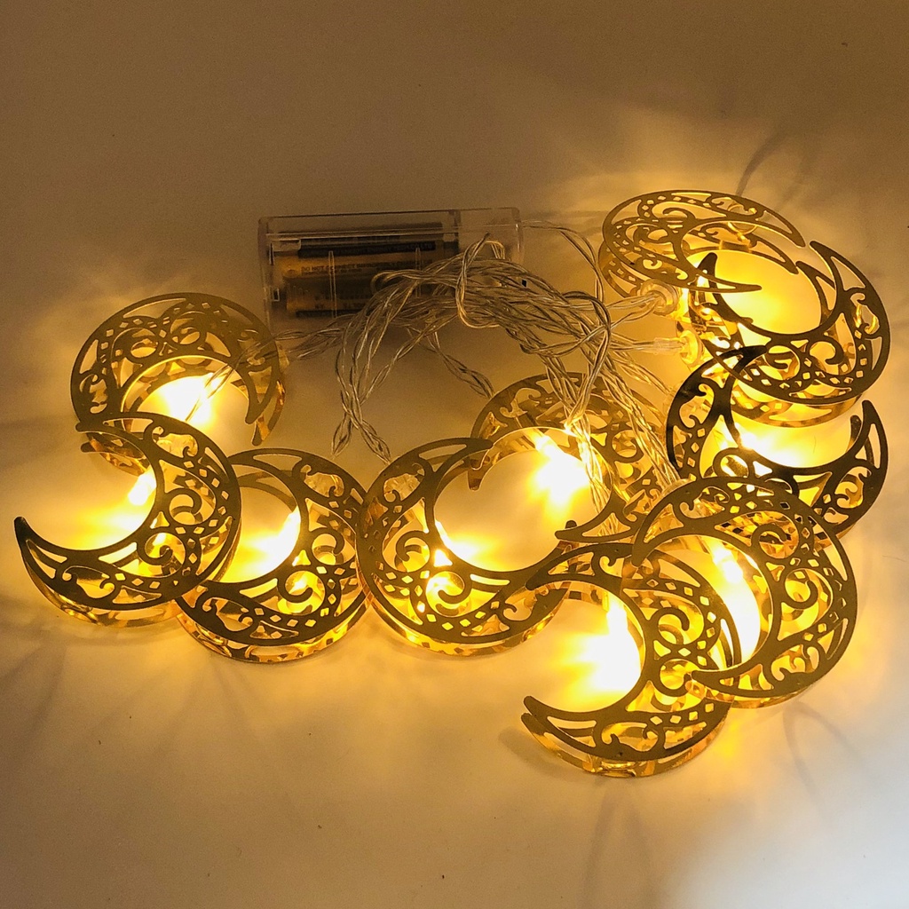 Castle Moon Star Gold Colour Lights Ramadhan Dekorasi Rumah 10LED Eid Mubarak Decor Perlengkapan Pesta Muslim Islami Lebaran Bulan Bintang Led String Light Iron Art Lampu String Led