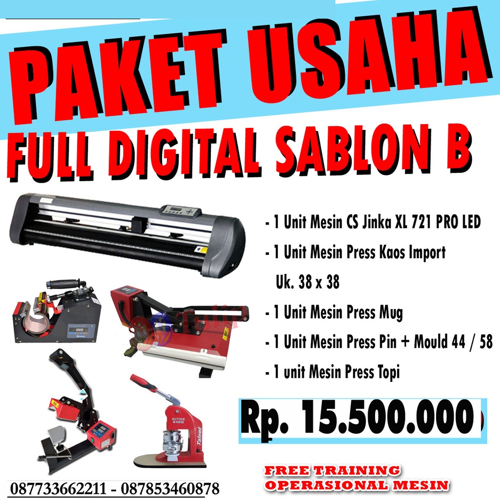 PAKET USAHA FULL DIGITAL SABLON MESIN CUTTING STCIKER JINKA MESIN PRESS KAOS MESIN PRESS TOPI MESIN 