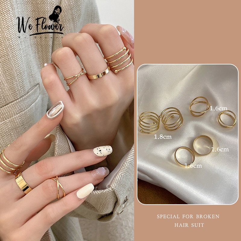 We Flower 6 Pcs Chic Emas Garis Geometris Dapat Ditumpuk Cincin Set Untuk Wanita Perempuan Elegan Gelombang Memutar Rings Fashion Jari Perhiasan