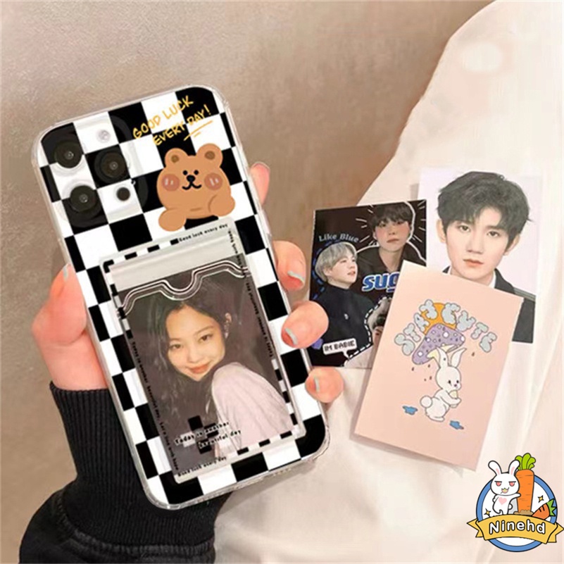 IPHONE Case Tas Kartu Bening Kompatibel Untuk Iphone14 13 12 11 Pro Max X Xr Xs Max 8 7 6 6s Plus SE 2020 Pasangan Kotak-Kotak Dompet Slot Holder Phone Case Shockproof Soft TPU Cover