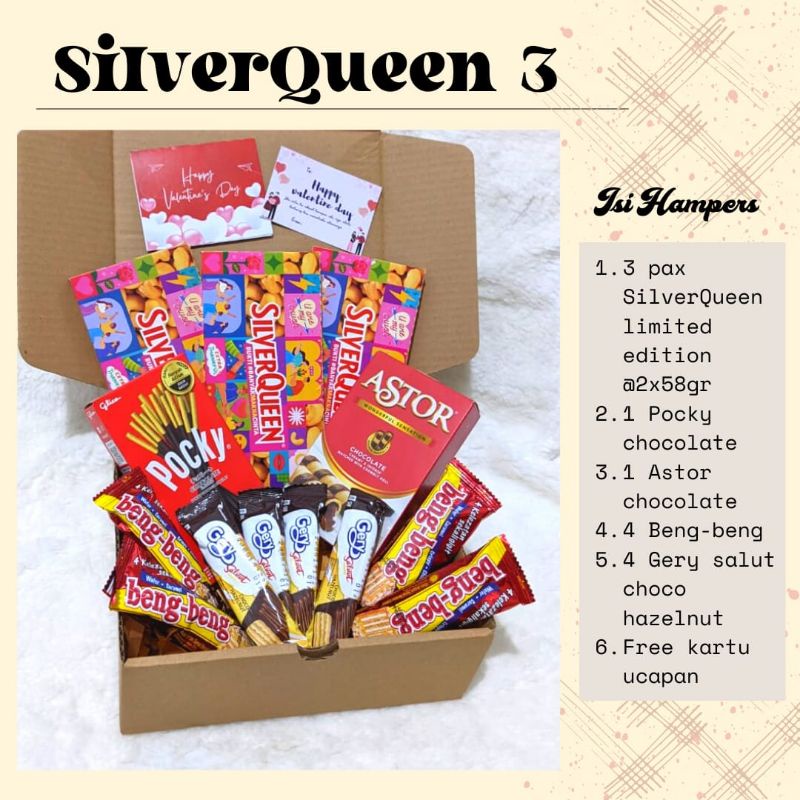 

Paket Snack Coklat SilverQueen Limited Edition Hampers Valentine Kado Ulang Tahun Silver Queen Anniversary Graduation Ultah