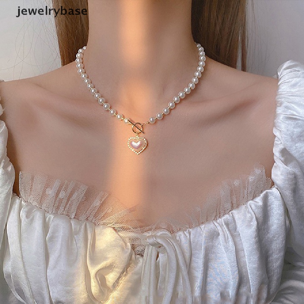 [jewelrybase] Mutiara Manik-Manik Kalung Sederhana Manis OT Gesper Rantai Klavikula Jantung Tergantung Kalung Untuk Wanita Wanita Trendi Mutiara Rantai Chokers Necklaces Fashion Perhiasan Butik