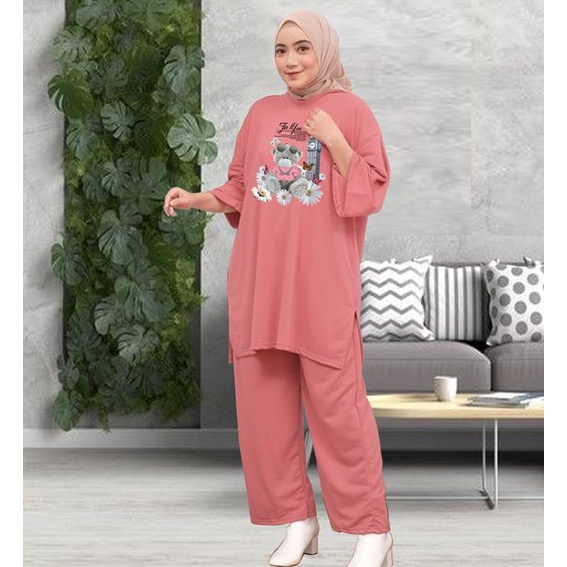 Setcel Oversize Digital Print Bear Bunga / Setelan Celana Jumbo Ld 130cm